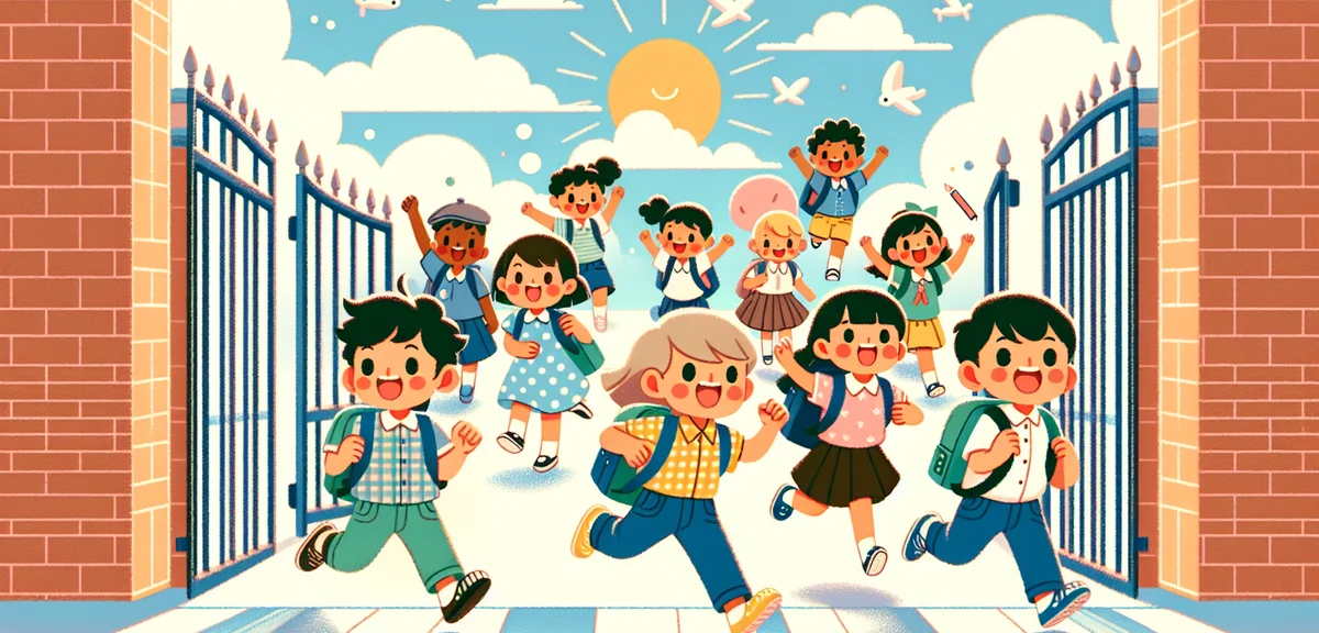 Japanese elementary school children happily running out of school gate on the last day before summer