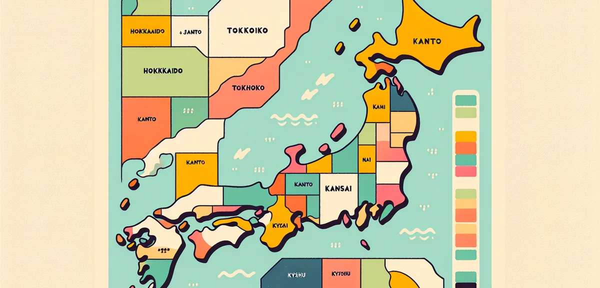 A colorful map of Japan divided into regions (Hokkaido, Tohoku, Kanto, Kansai, Kyushu) with differen
