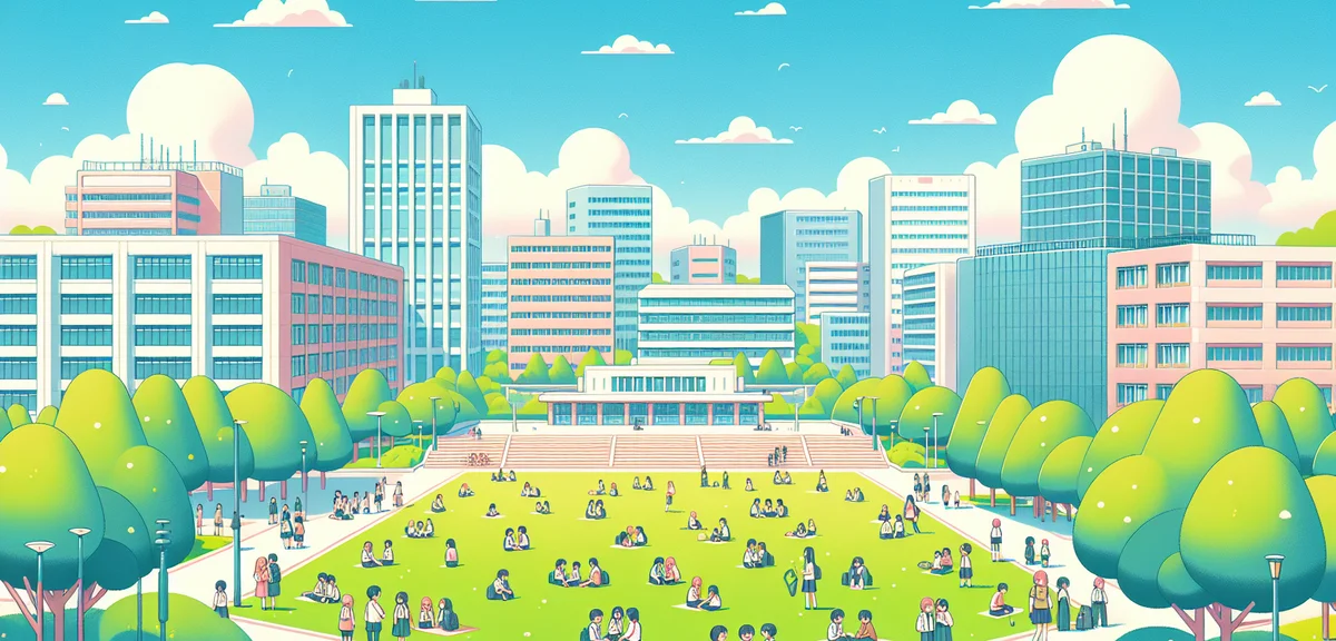 Japanese university campus in summer with students relaxing on green lawn, modern campus buildings i