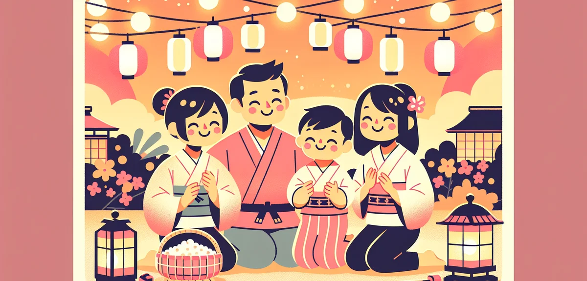 Japanese family enjoying Obon holiday together, traditional summer festival lanterns in background, 