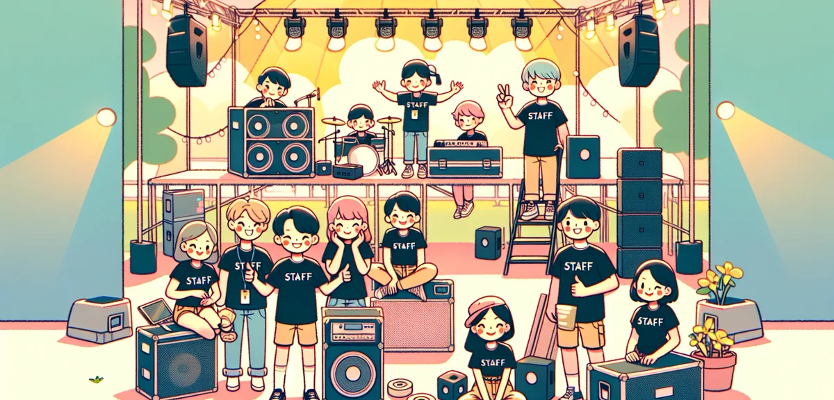 A group of young Japanese people working as event staff at an outdoor summer music festival, wearing