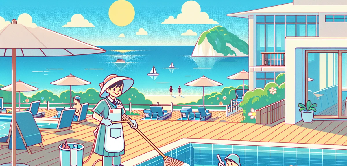 A Japanese university student working at a beautiful seaside resort hotel in Okinawa, cleaning pool