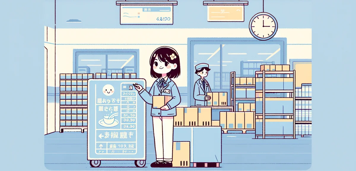 A Japanese high school student working part-time at a warehouse doing light packaging work, organize