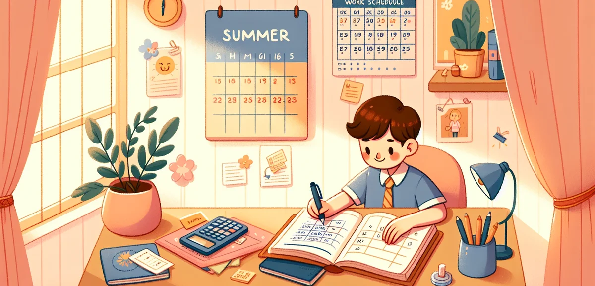 A Japanese student studying a work schedule calendar and calculator on a desk, planning summer job i