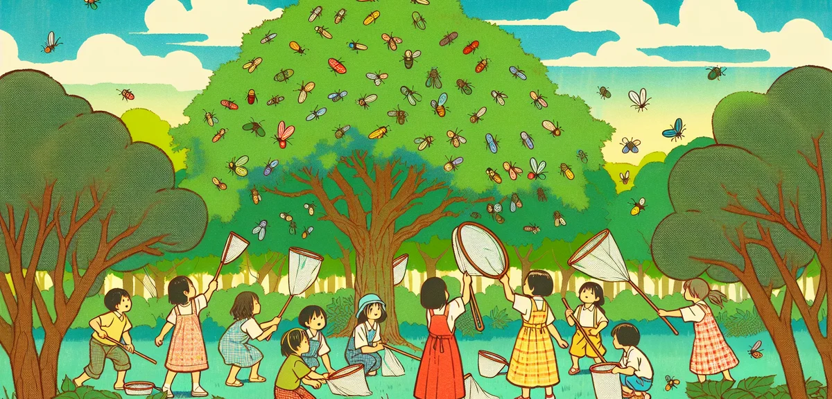 Japanese elementary school children catching insects with nets in a lush green park during summer, c