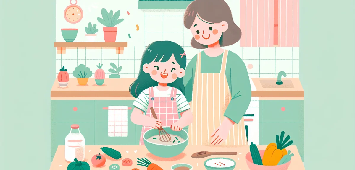 A Japanese family cooking together in a bright kitchen during summer vacation, elementary school chi