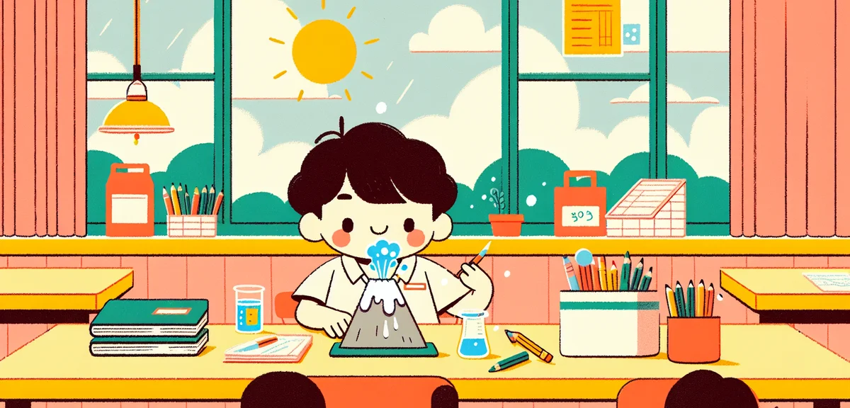 Japanese elementary school child doing a science experiment at a desk, baking soda volcano erupting,