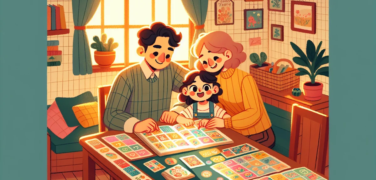 A Japanese family sitting at a table planning summer vacation schedule together, colorful calendar a