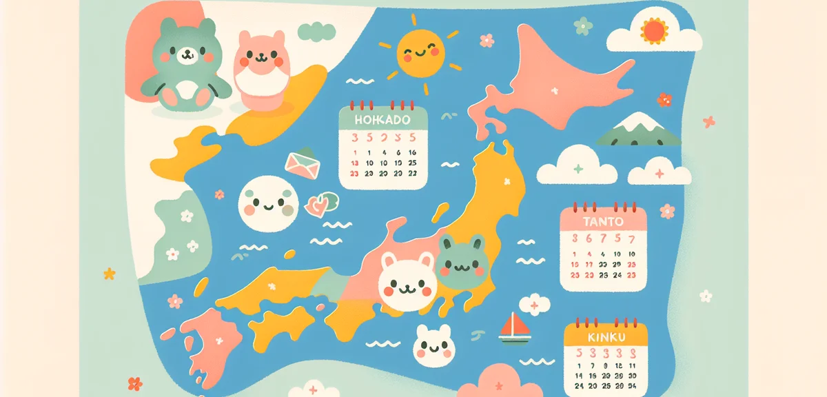 A map of Japan divided into colored regions (Hokkaido, Tohoku, Kanto, Kinki, Kyushu) with calendar i