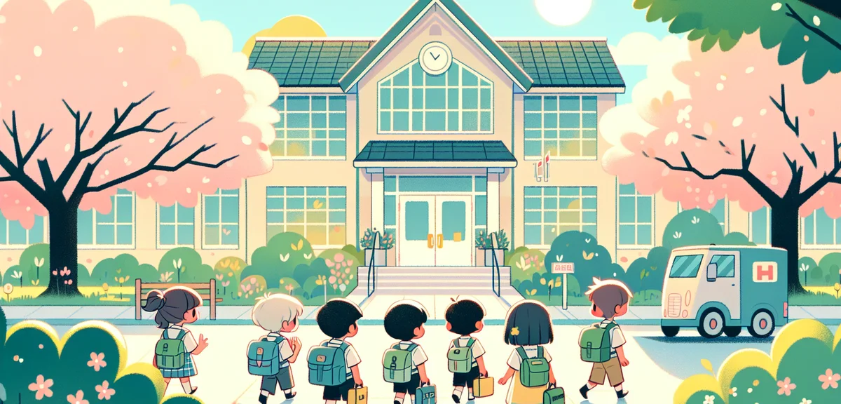 Japanese elementary school building exterior on a late August morning, students walking toward the e