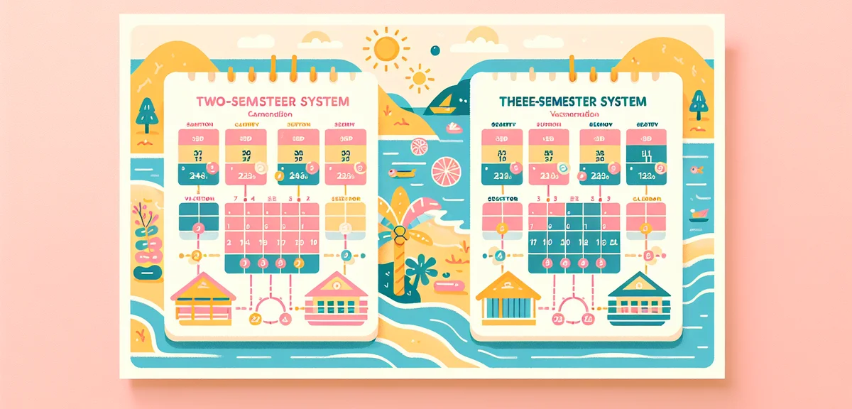 A comparison illustration showing two calendar systems side by side - two-semester system and three-
