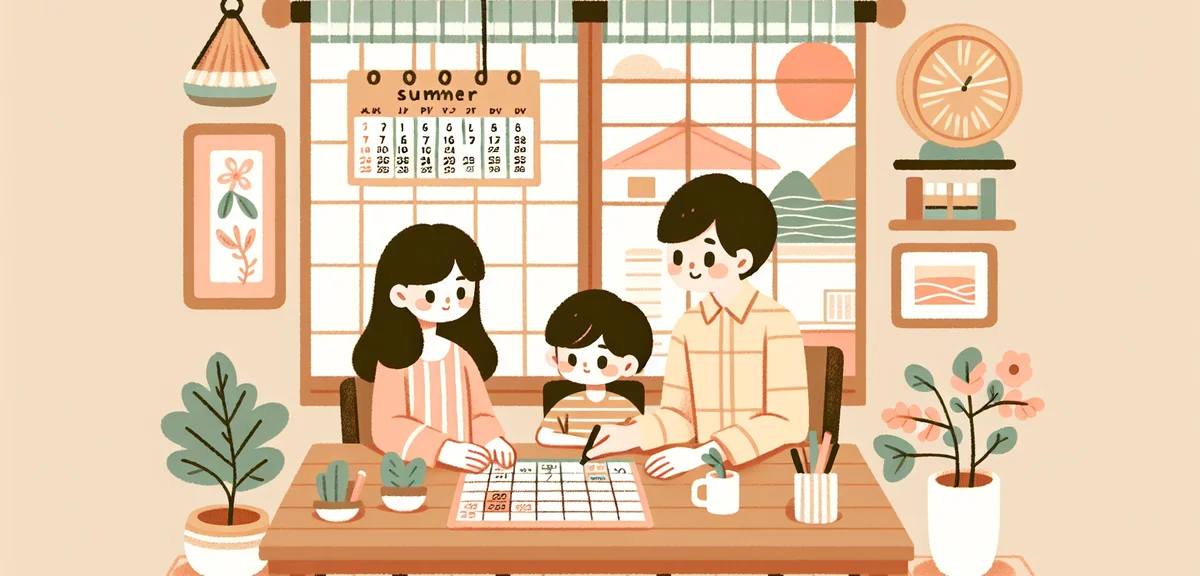 A Japanese family reviewing a calendar together at a dining table, planning the end of summer vacati
