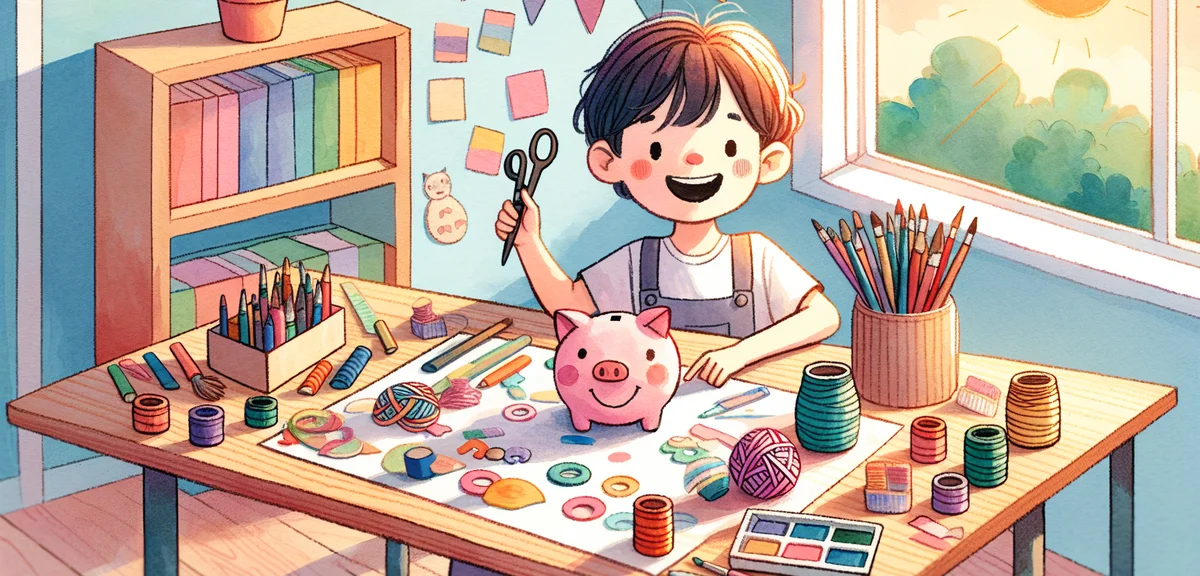A young elementary school child happily making a colorful handmade piggy bank craft at a desk with c