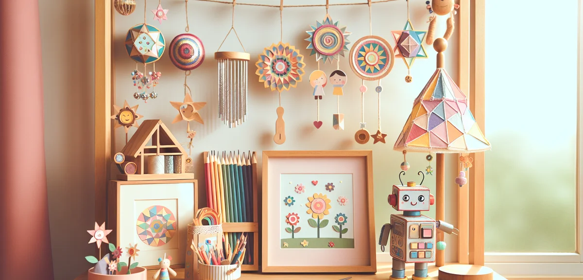 Several completed children's summer crafts displayed on a shelf: a kaleidoscope, a wind chime, a pho
