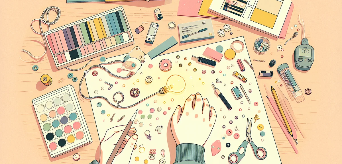 A child's hands assembling an LED light craft project on a desk, with batteries, wires, and colorful