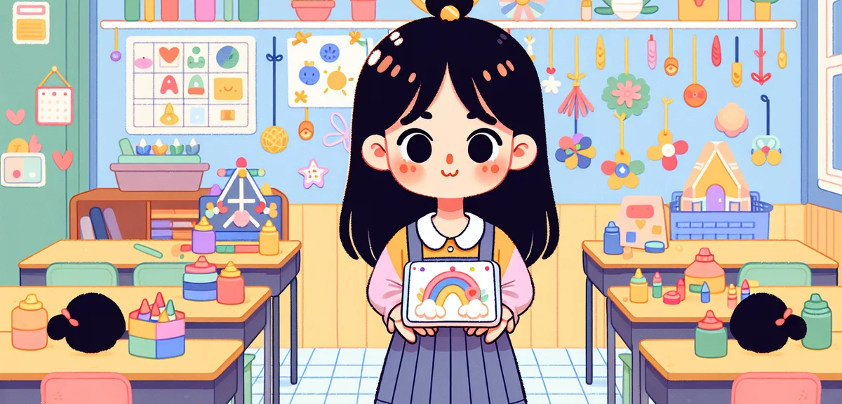 A proud elementary school student presenting their completed summer craft project at school, other c