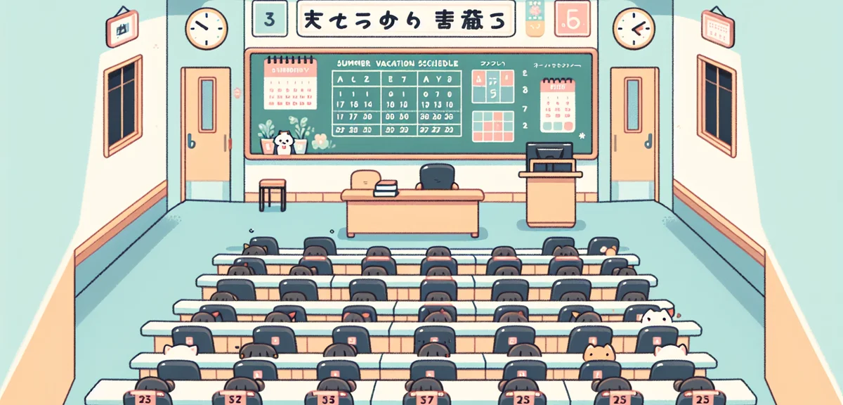Japanese university lecture hall with empty seats and a blackboard showing 'Summer Vacation Schedule