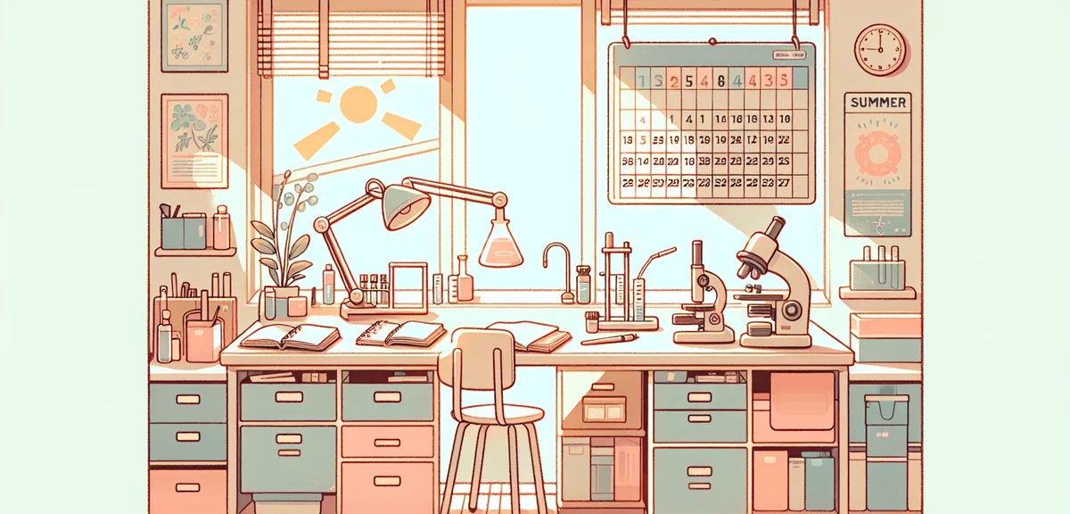 Japanese university science laboratory with equipment and notebooks on desk, a calendar showing shor