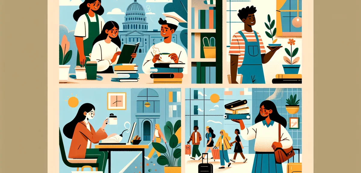 Japanese university students enjoying summer activities - one working at a cafe part-time job, one s