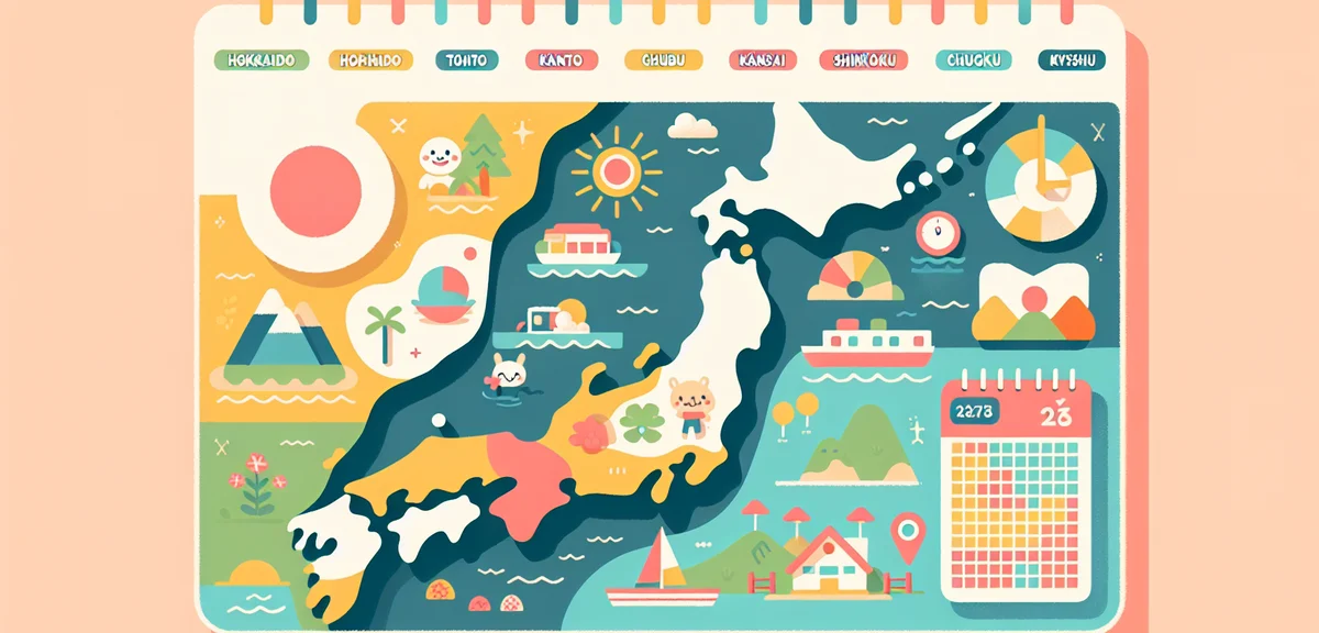 A colorful map of Japan divided into regions (Hokkaido, Tohoku, Kanto, Chubu, Kansai, Chugoku, Shiko