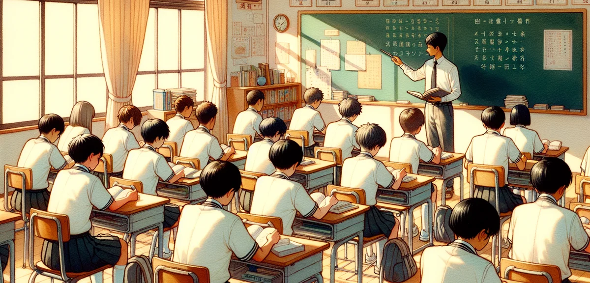 Japanese high school students studying in a classroom during summer supplementary lessons, some stud