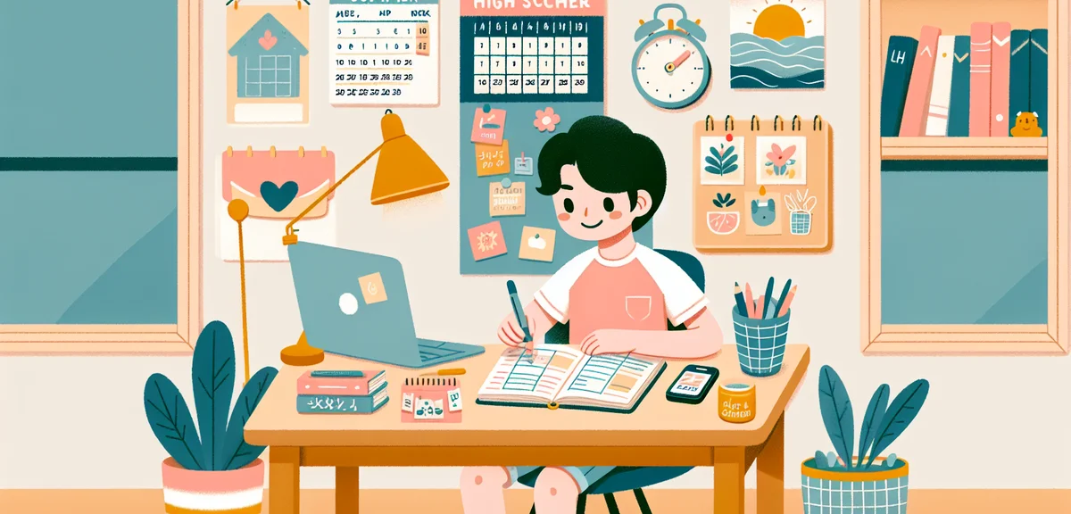 A Japanese high school student planning summer vacation schedule at a desk, with a calendar, noteboo