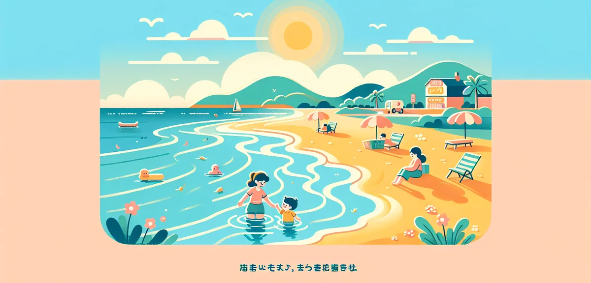 A toddler playing in shallow ocean water at a Japanese beach resort, gentle waves, parents watching