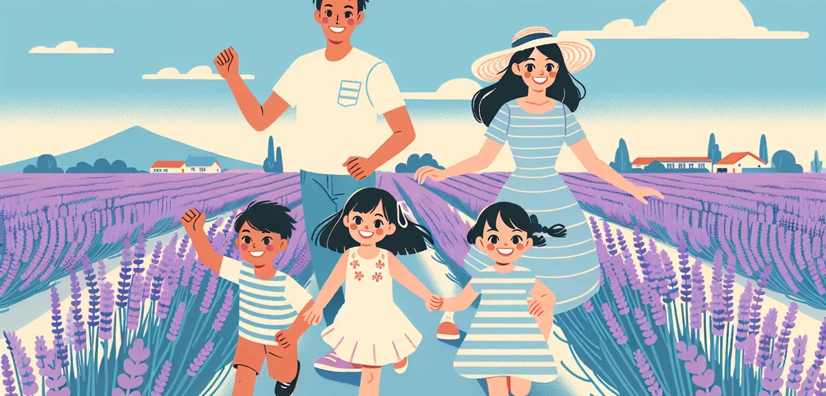 Japanese family of four exploring Hokkaido lavender fields in summer, children running through purpl