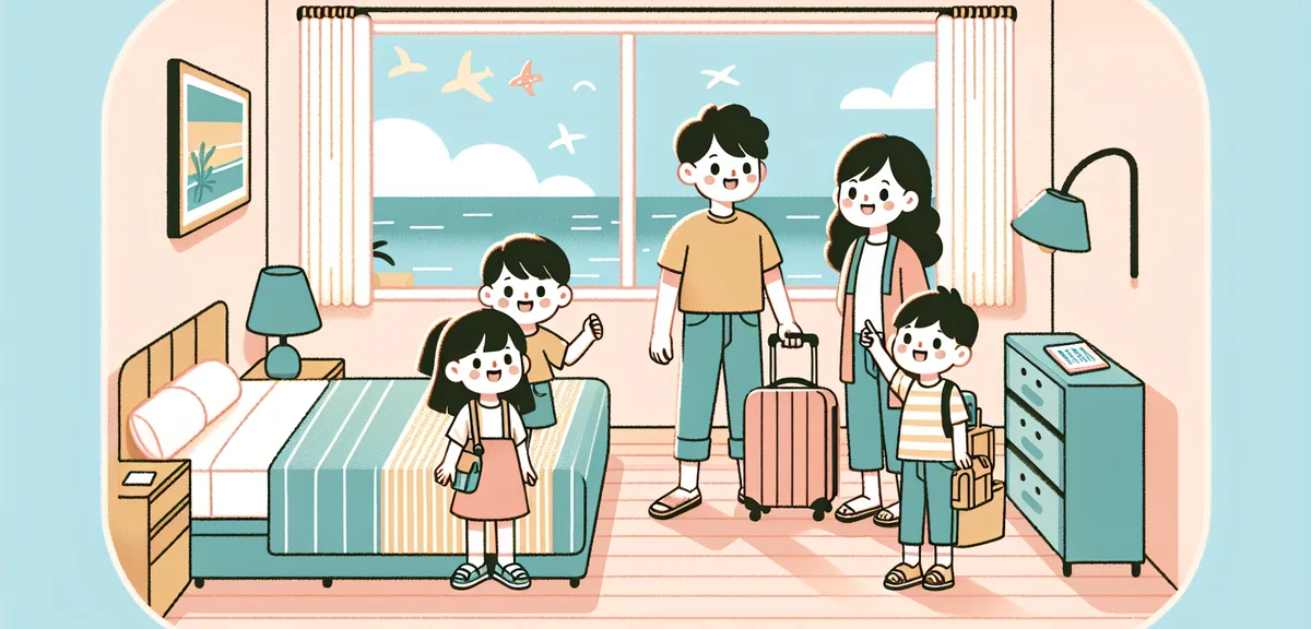 Young Japanese family checking into a family-friendly hotel room with ocean view, luggage, excited c