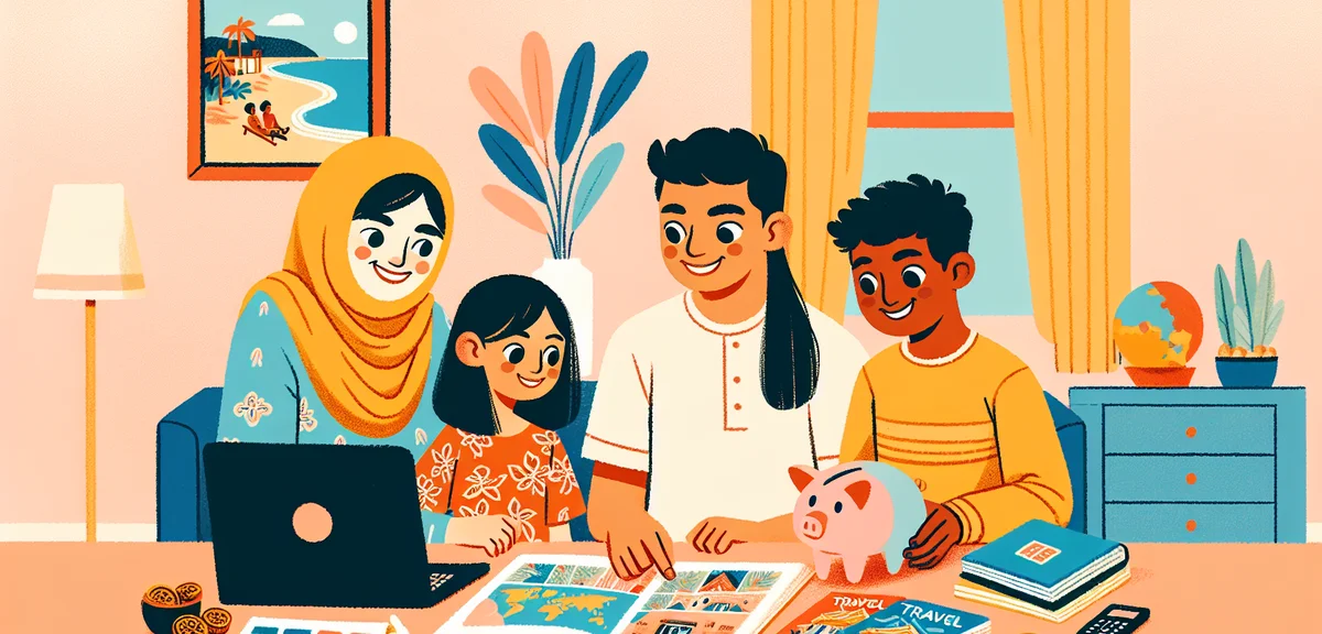 Japanese parents and children looking at a travel planning calendar together at home, laptop on tabl