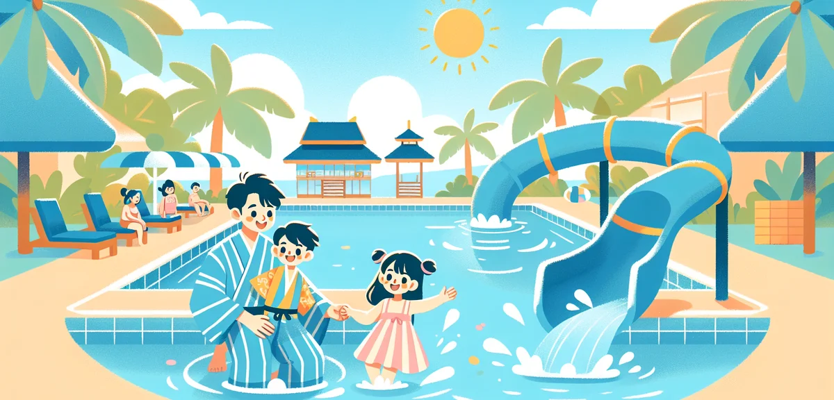 A Japanese family with two children splashing and playing in a large outdoor pool with water slides 