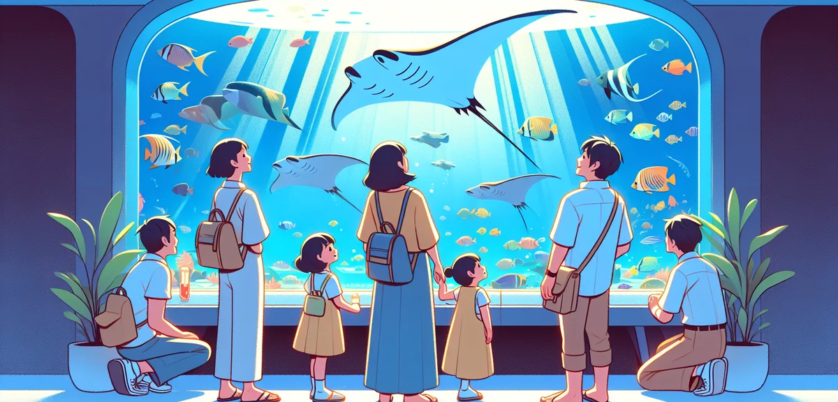 A beautiful large aquarium tunnel scene with a Japanese family looking up at manta rays and tropical