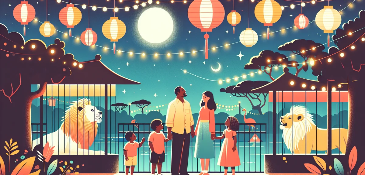 A Japanese zoo at night (night zoo) with illuminated animal enclosures, a family watching lions unde