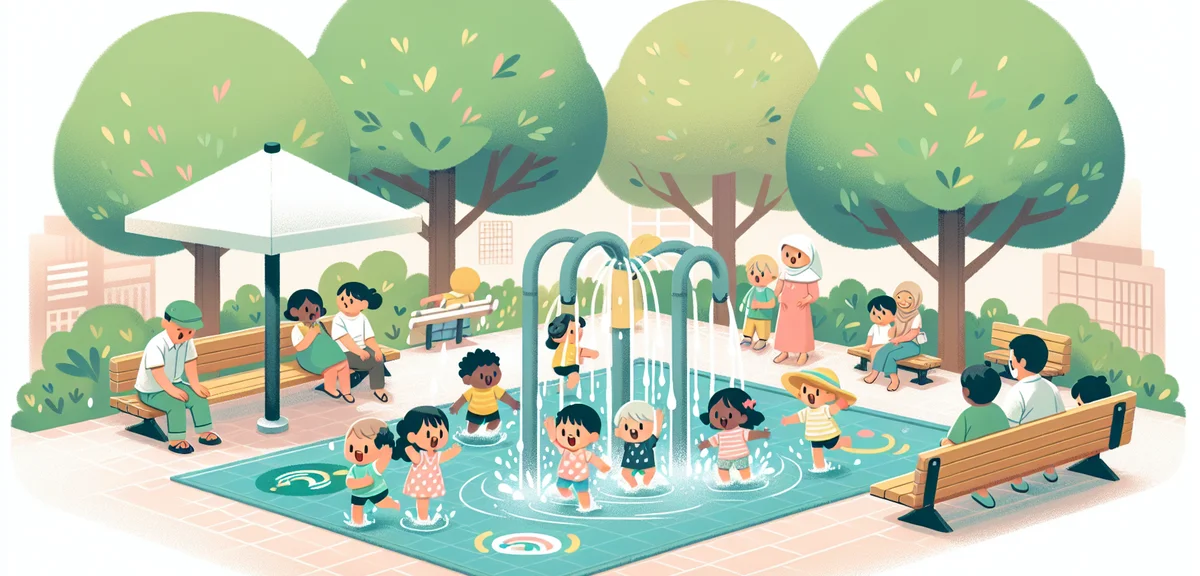 A Japanese public park with children playing in a free splash pad (jabujabui ike), parents watching 