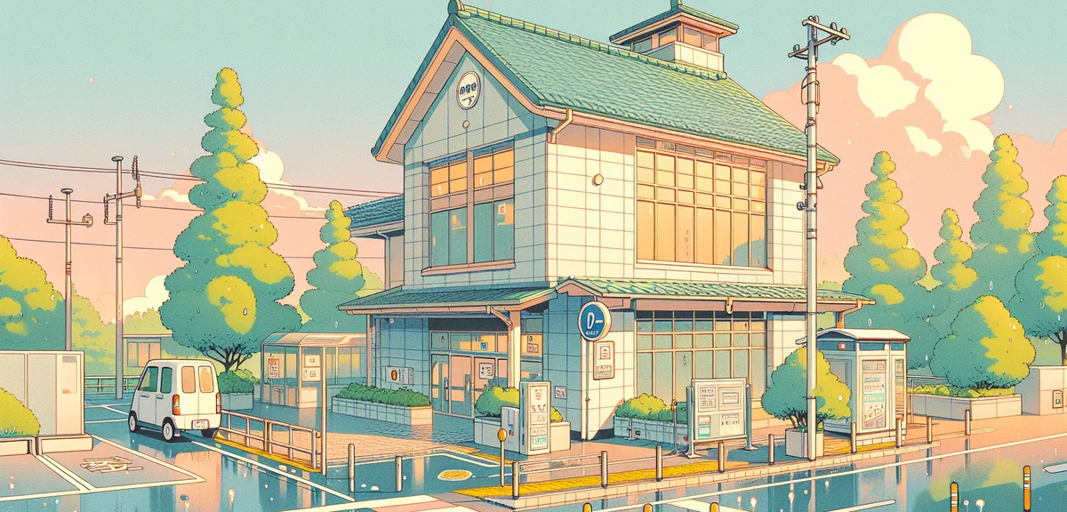 A Japanese driving school building exterior in summer, with green trees and a practice course visibl