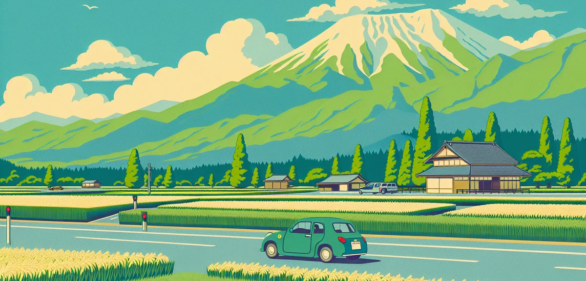 A scenic Japanese countryside road in summer with mountains in the background, a driving school car 