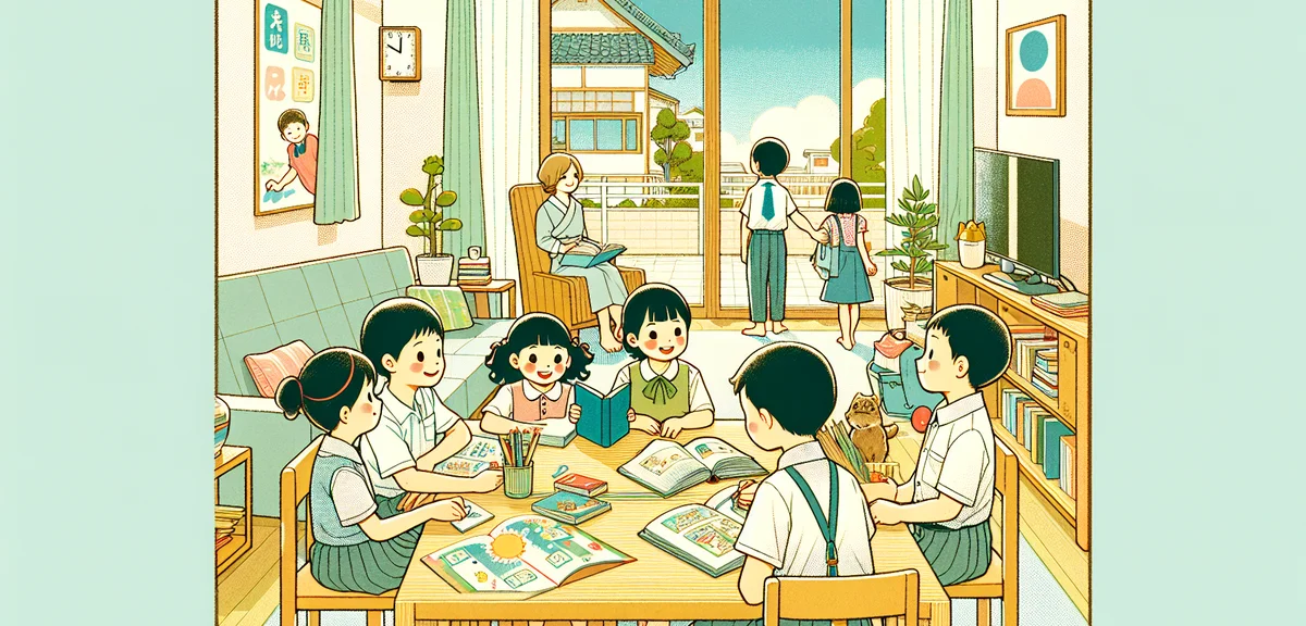 Japanese elementary school children enjoying the first day of summer vacation at home, reading books