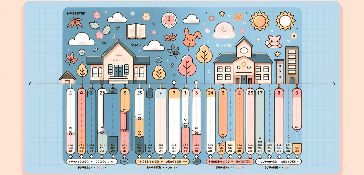 A comparison chart showing two-semester vs three-semester school calendar systems in Japan, with hor
