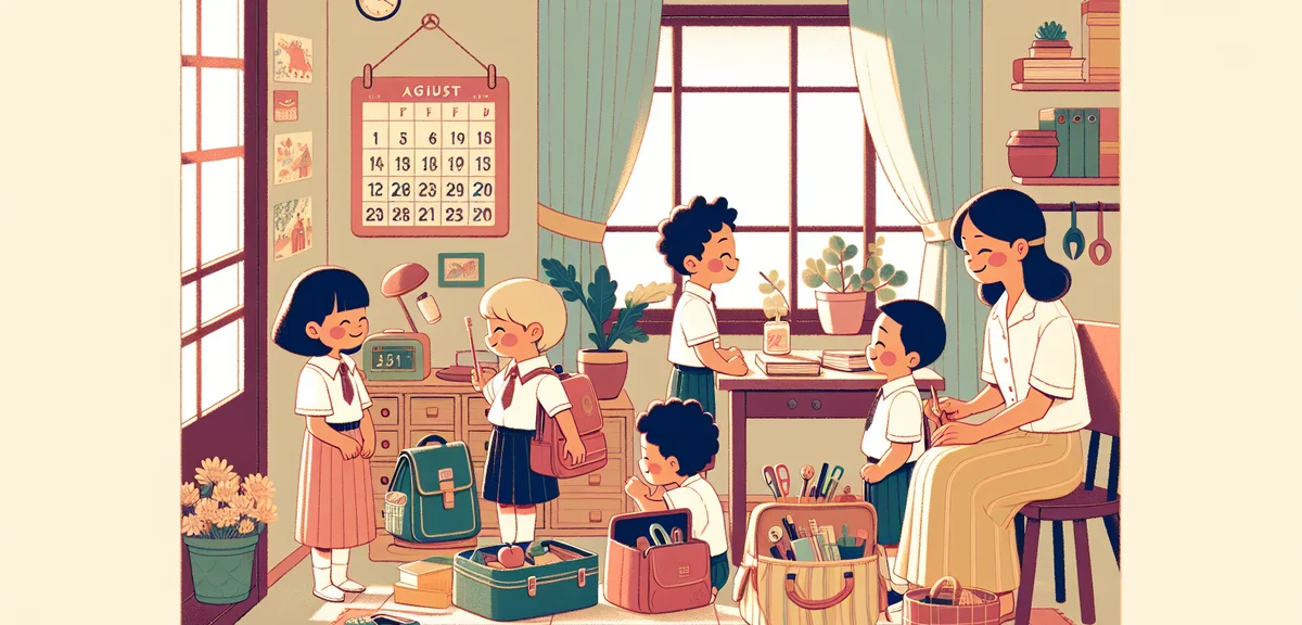 Japanese elementary school children preparing school supplies and bags for the first day of school a