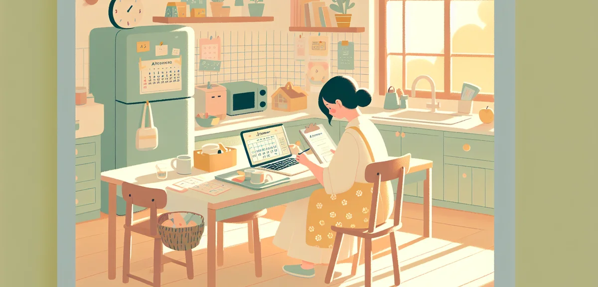 A Japanese mother looking at documents and a laptop at a kitchen table, researching after-school car