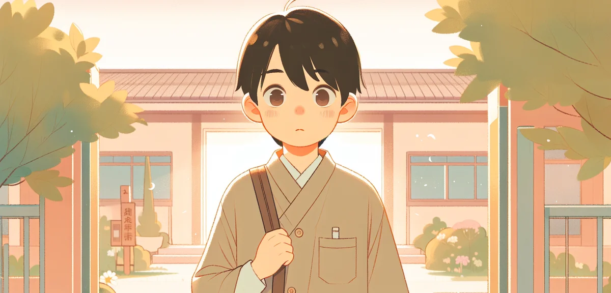 A Japanese fourth-grade boy looking slightly anxious standing at the entrance of a school building d
