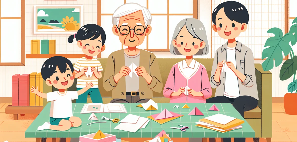 Japanese grandparents and grandchildren doing summer crafts together at home, origami and colored pa