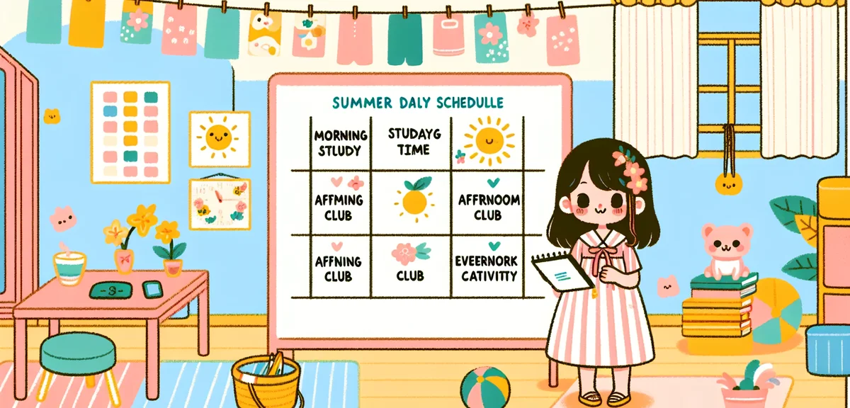 A Japanese junior high school student's daily summer schedule written on a colorful whiteboard, divi