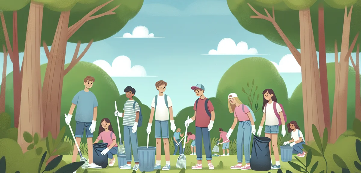 Japanese junior high school students participating in a volunteer activity picking up trash in a loc