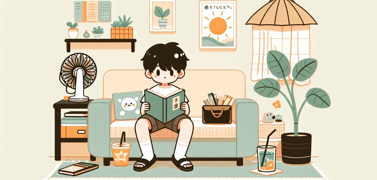 A Japanese junior high school student reading a book on a sofa at home during summer vacation, fan b