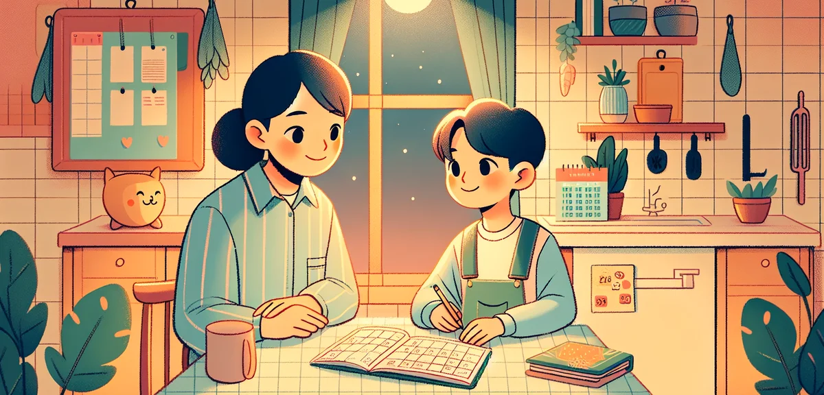 A Japanese parent and junior high school student having a friendly conversation about summer plans a