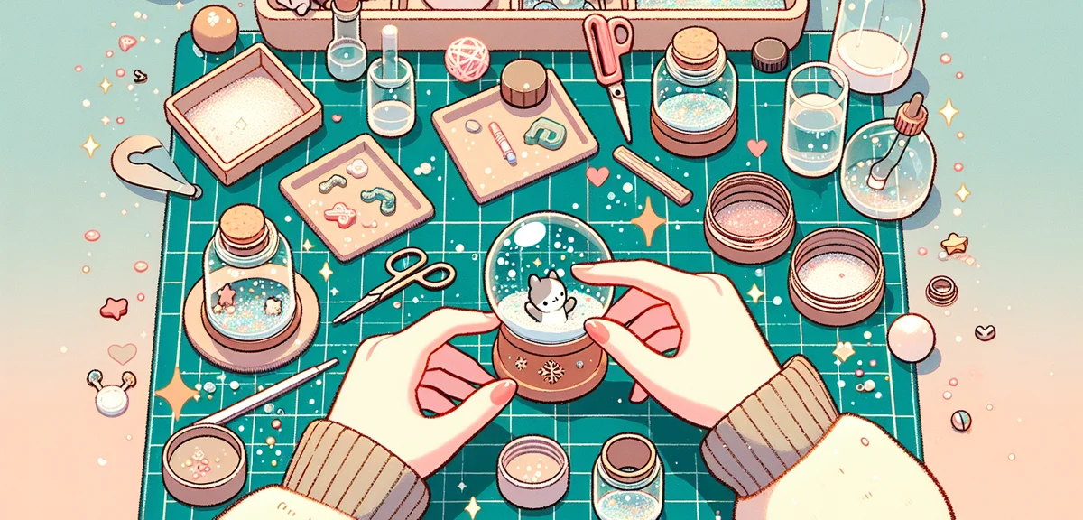 Hands of a child assembling a snow globe using a glass jar, glitter, small figurines, and water on a