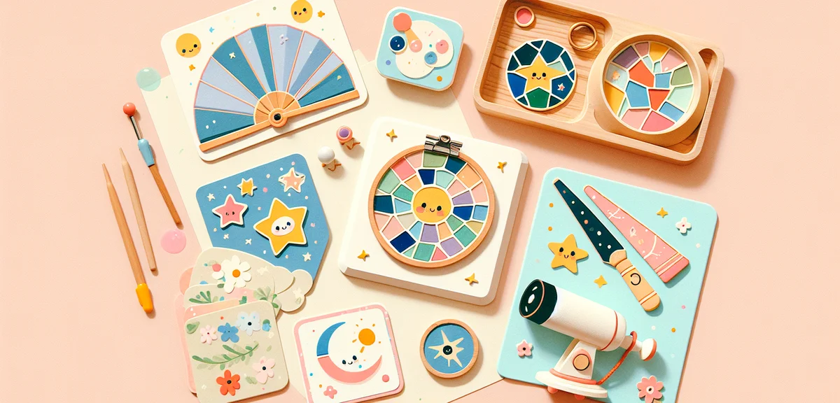 A display of completed children's summer crafts on a table: a mosaic tile coaster, a handy fan, a ma