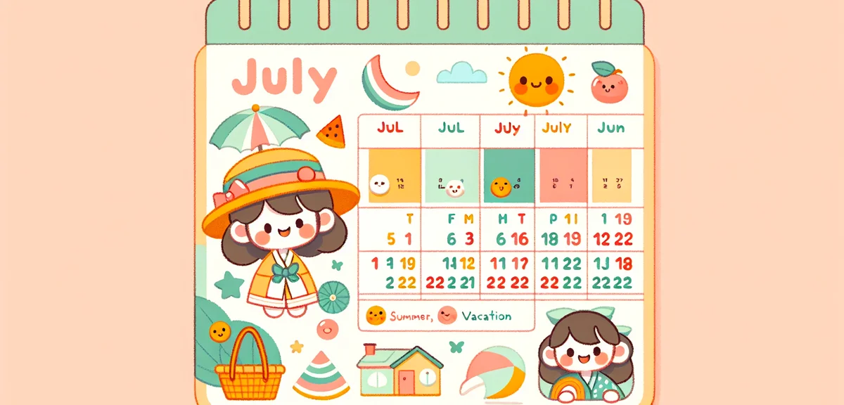 A calendar page showing July and August with summer vacation period highlighted, Japanese style, cle