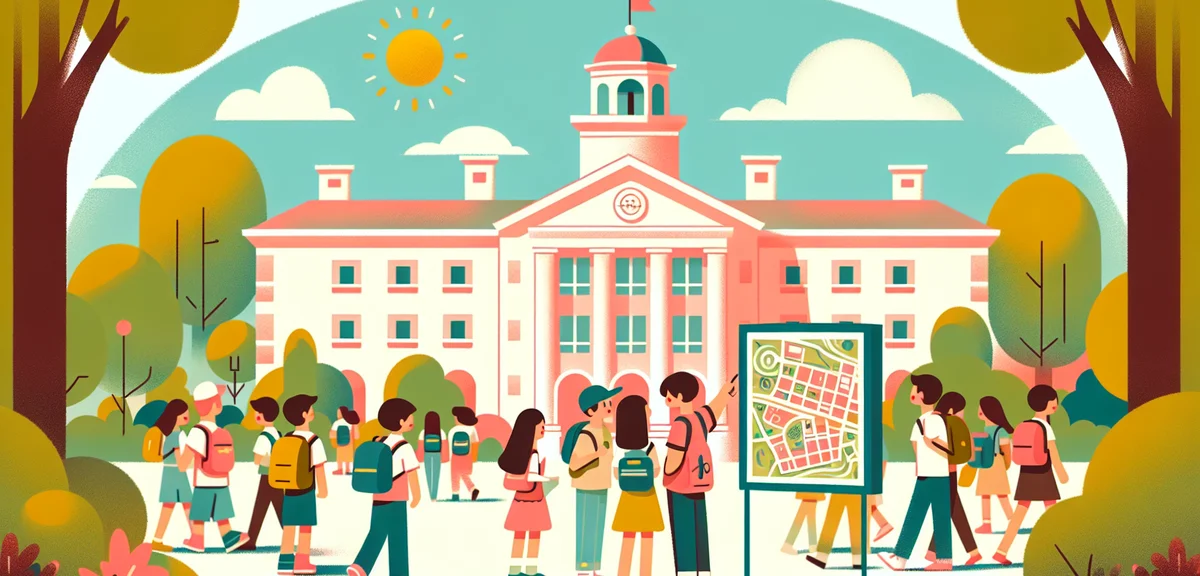 A Japanese high school student visiting a university open campus in summer, looking at a campus map